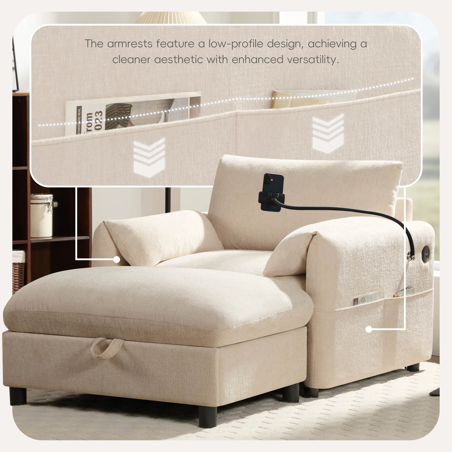 Muumblus Accent Armchair with USB & Phone Stand, Lounge Chair with Storage Ottoman, Indoor Chaise Lounge, Cozy Single Sofa for Living Room, Apt, Beige Chenille