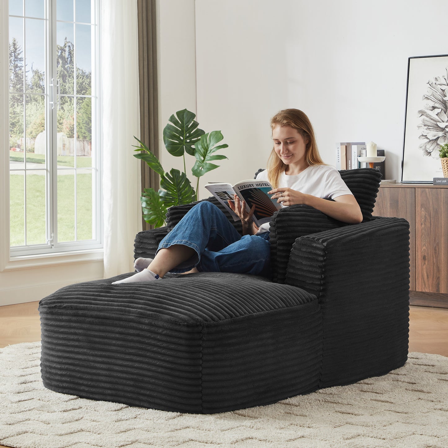 Muumblus Chaise Lounge Indoor, Cozy Lounge Chair Sleeper Sofa for Adults, No Assembly Required, Black Corduroy