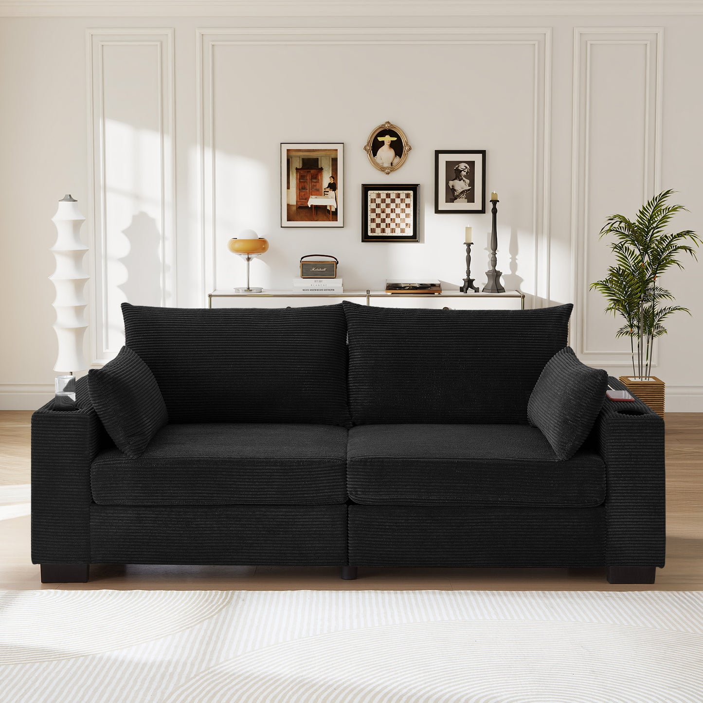 Muumblus 78"L Corduroy Sofa with USB & Cup Holders & Pockets, Deep Seat Living Room Upholstered Sofa, Black