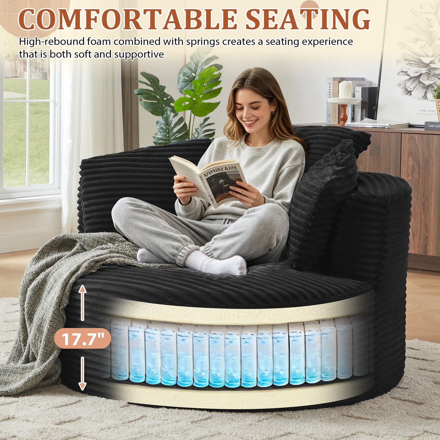 Muumblus 48.8" Oversized Accent Barrel Chair, Fluffy Round Lazy Sofa Chair for Adults, No Assembly Required, Black Corduroy