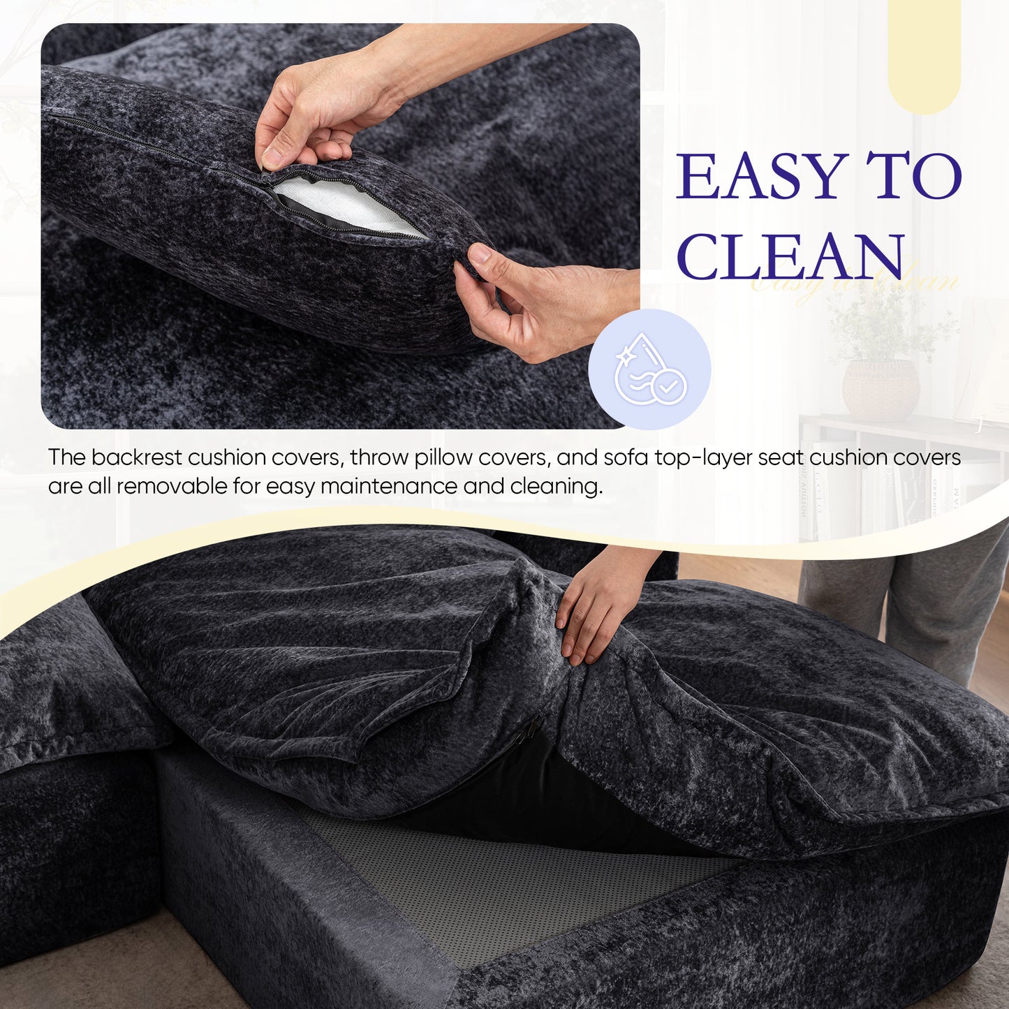 Muumblus 103" Boneless Sectional Sofa with Left Chaise, Comfy L-Shaped Modular Couch for Living Room, No Assembly Required, Black Chenille