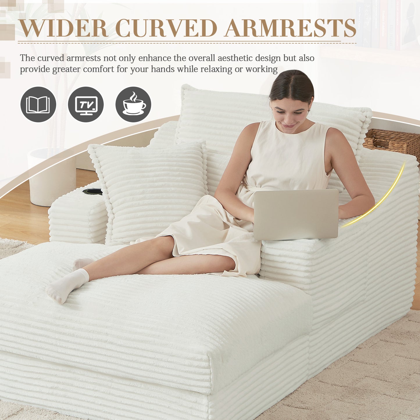 Muumblus Indoor Chaise Lounge with Cup Holders, No Assembly Required, Oversized Upholstered Lounge Chair Sofa Bed for Living Room, Bedroom, Apt., Beige Corduroy