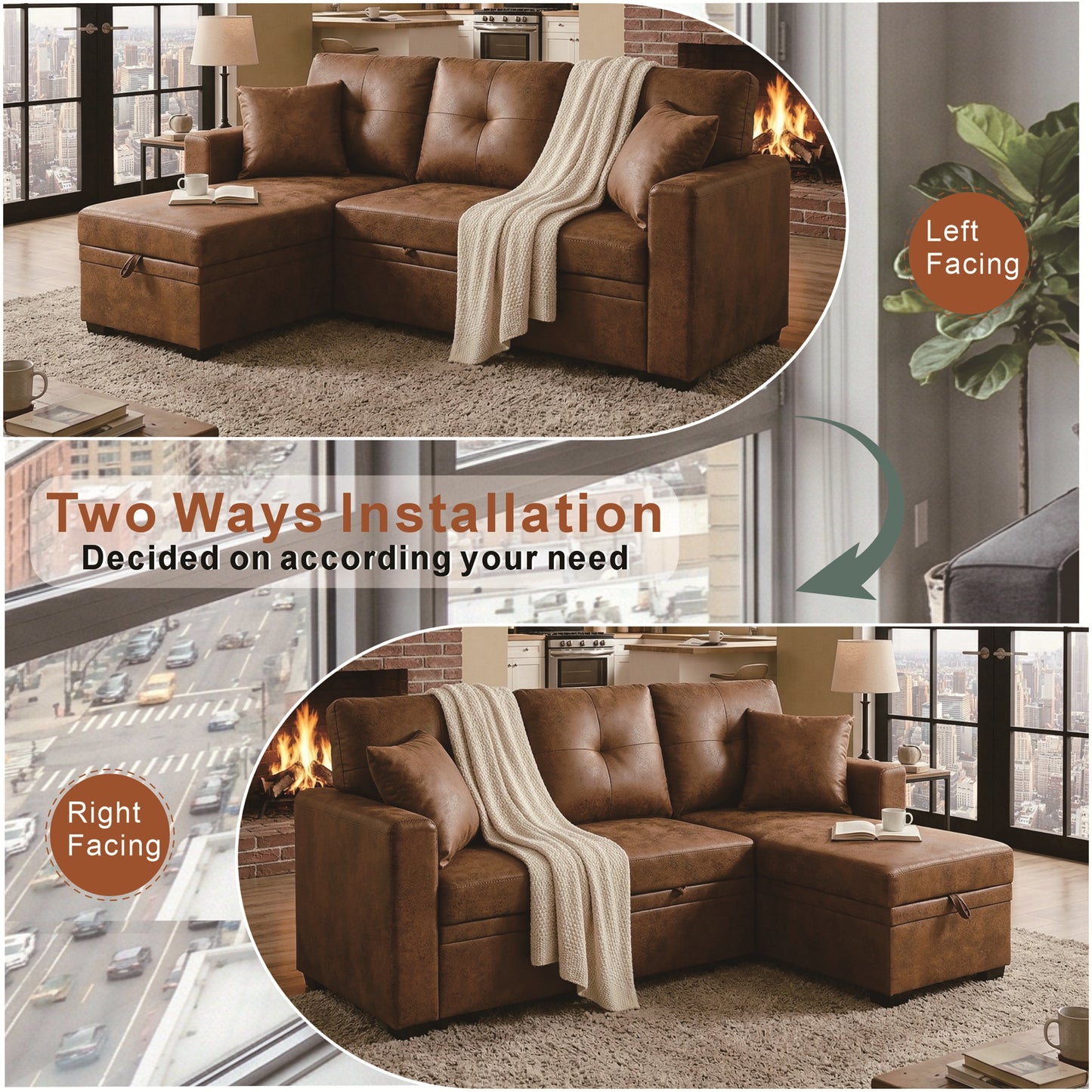 Muumblus Convertible Pull Out Sofa Bed, L-Shaped Sectional Sleeper Couch with Storage Chaise, Vintage Faux Leather Look, Brown Polyester Fabric