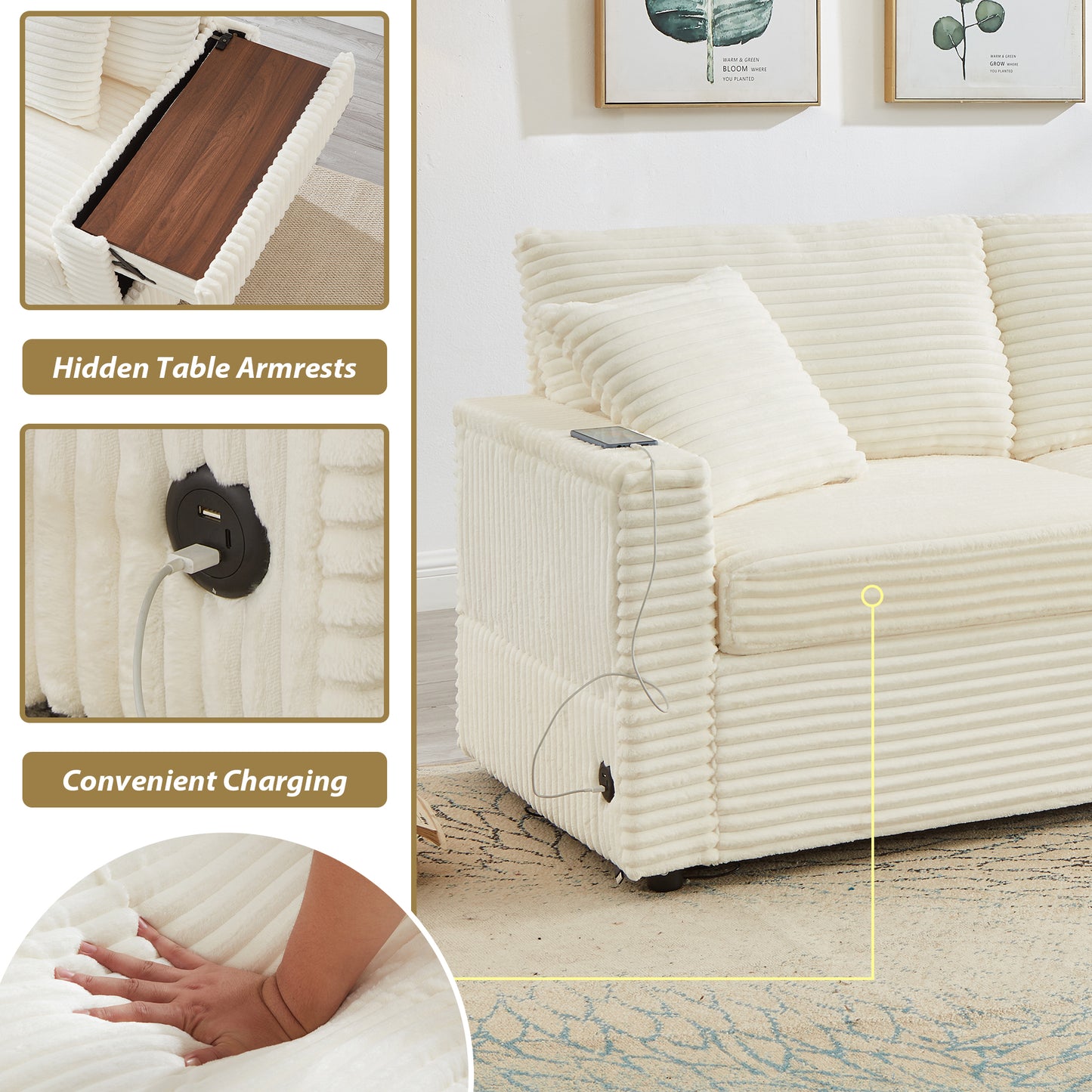 Muumblus Modular Sectional Sofa with 2 Storage Ottomans, 2 Side Tables & USB, Cozy Double Chaise Lounge Cloud Sofa, Plush Corduroy Sleeper Bed Couch for Living Room, White