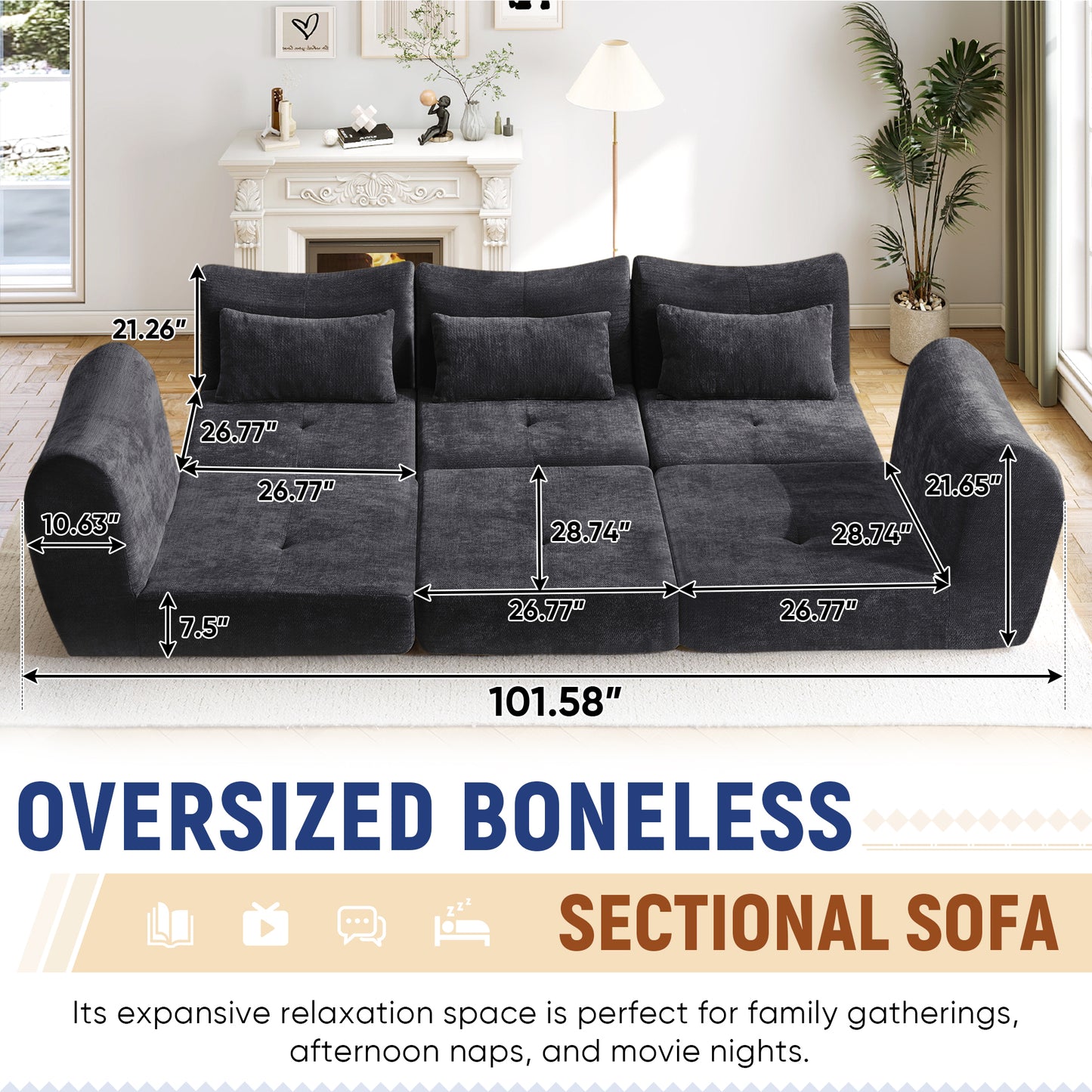 Muumblus 101.6" Modular Sectional Sofa, Convertible Floor Sofa Sleeper Bed, Modern Boneless Cloud Sectional for Living Room, Black Chenille