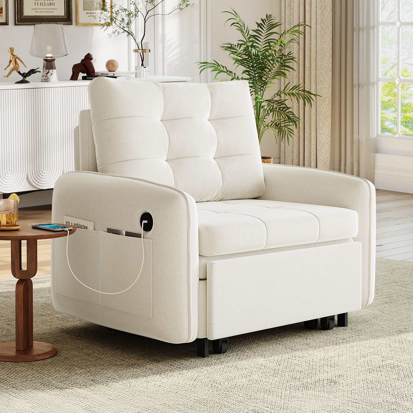 Muumblus 3-in-1 Convertible Chair Bed, 80" Extra Long Sleeper Lounge Chair with USB & Storage, Pull Out Sofa Bed for Living Room, Apt., Beige Chenille