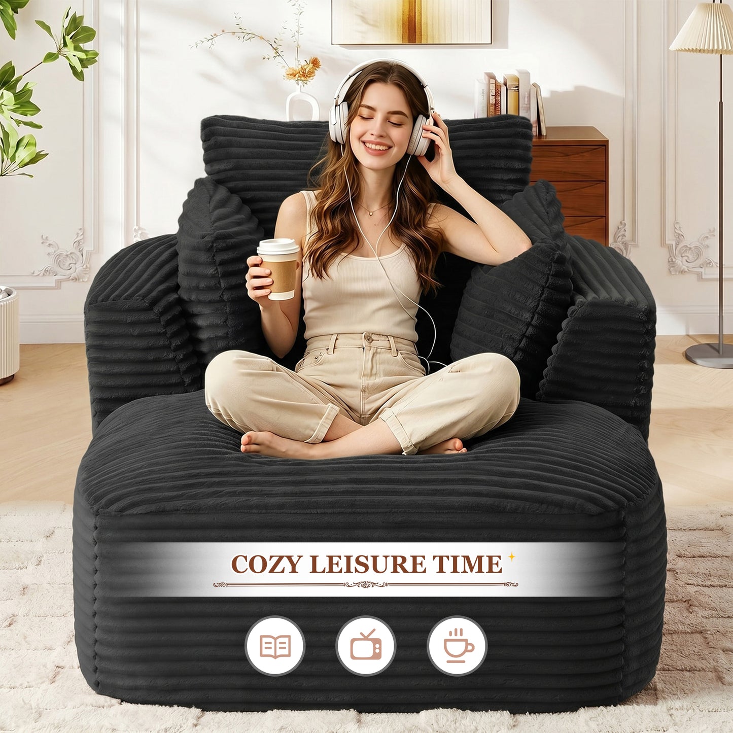 Muumblus Chaise Lounge Indoor, Cozy Lounge Chair Sleeper Sofa for Adults, No Assembly Required, Black Corduroy