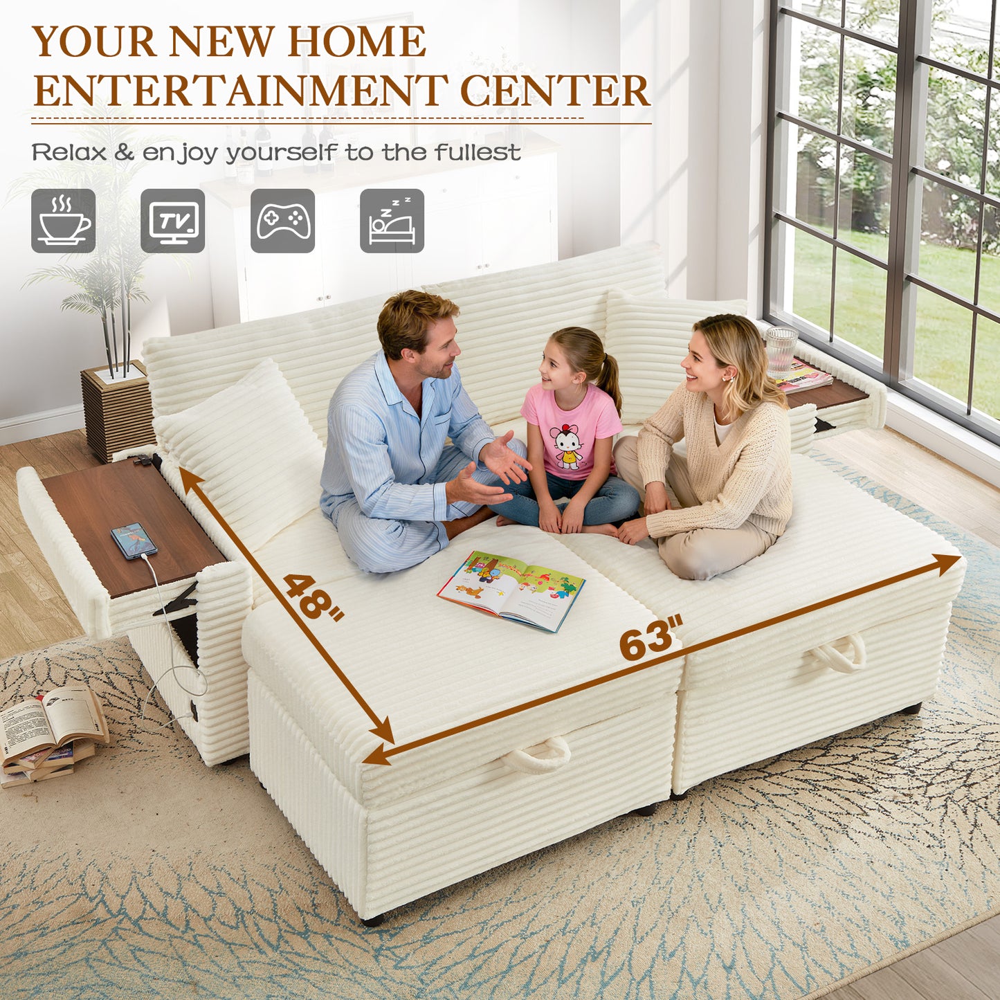 Muumblus Modular Sectional Sofa with 2 Storage Ottomans, 2 Side Tables & USB, Cozy Double Chaise Lounge Cloud Sofa, Plush Corduroy Sleeper Bed Couch for Living Room, White