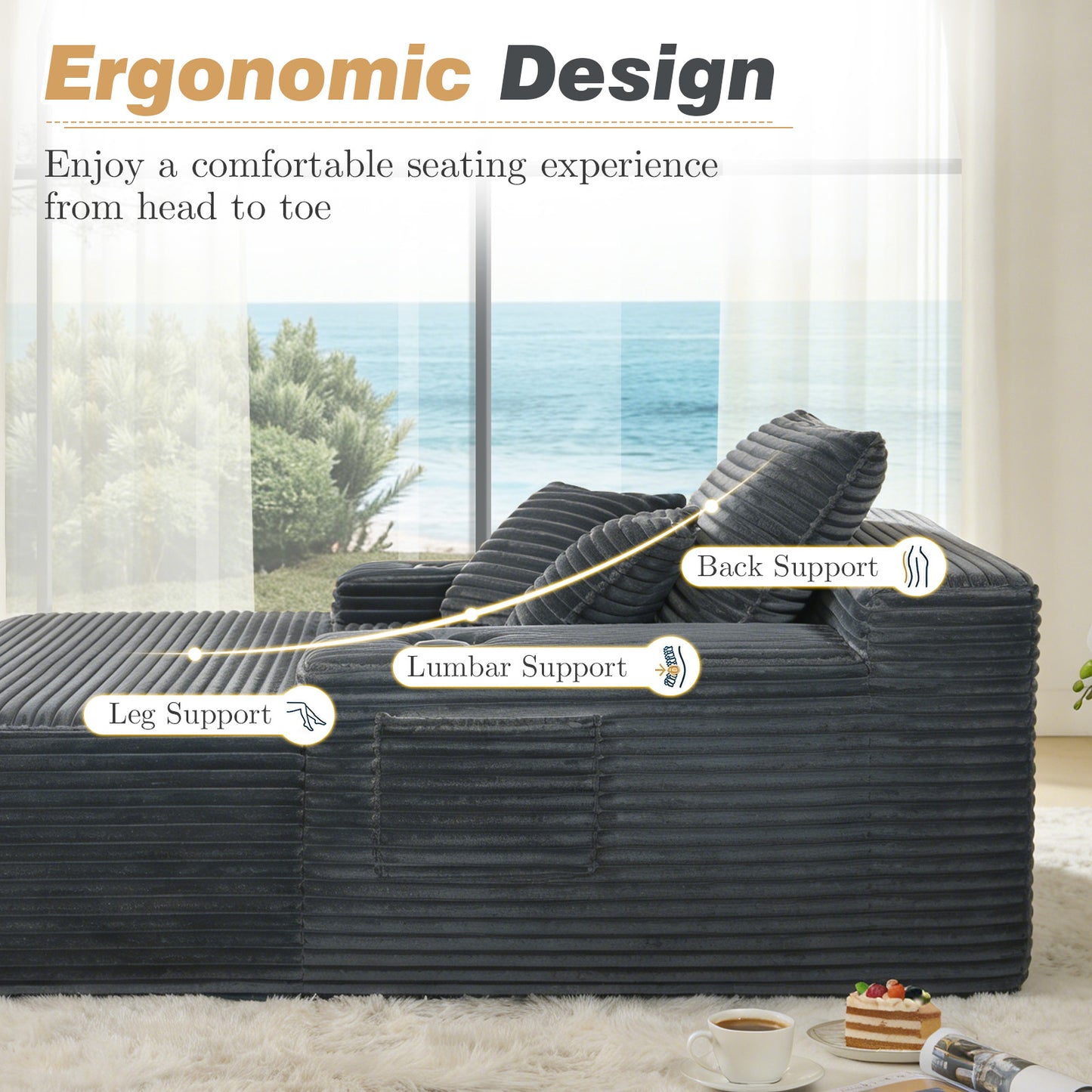 Muumblus Oversized Chaise Lounge Indoor, Upholstered Lounge Chair with Cup Holders, No Assembly Cloud Sleeper Sofa Bed, Gray Corduroy