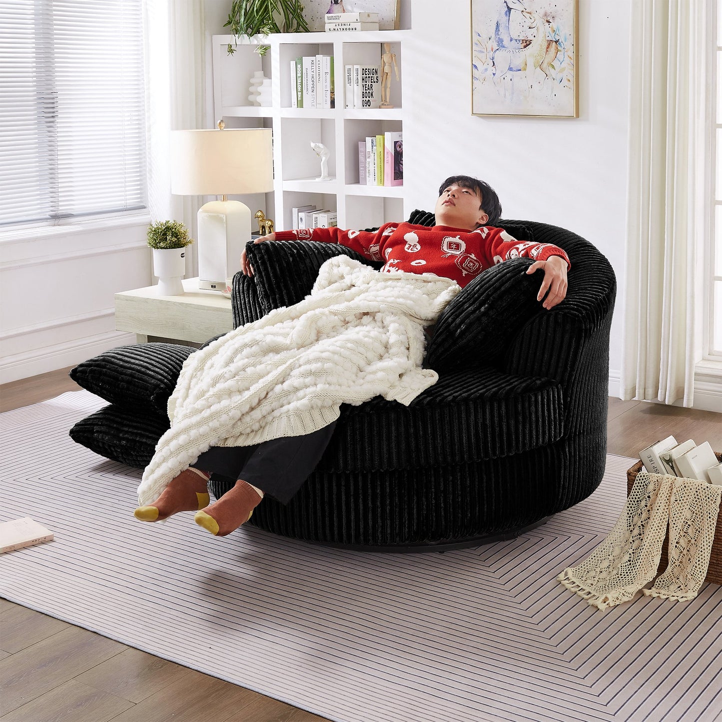 Muumblus 50" Oversized Swivel Accent Barrel Chair, Modern Lounge Chair Indoor, Round Reading Armchair for Living Room, Black Corduroy