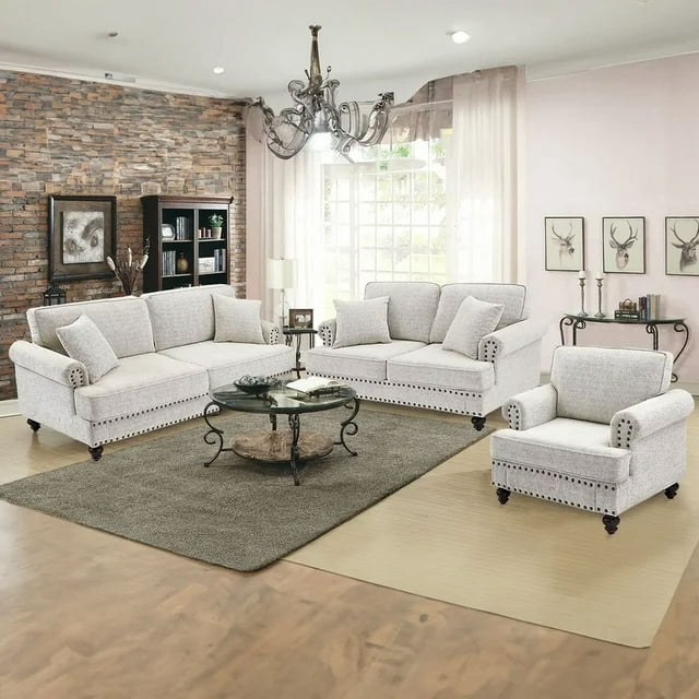 Muumblus 3 Pieces Chenille Living Room Sets, 1 Seater Sofa Chair and 2 Seater Loveseat Sofa and 3 Seater Sofa Couch with Nailhead, White