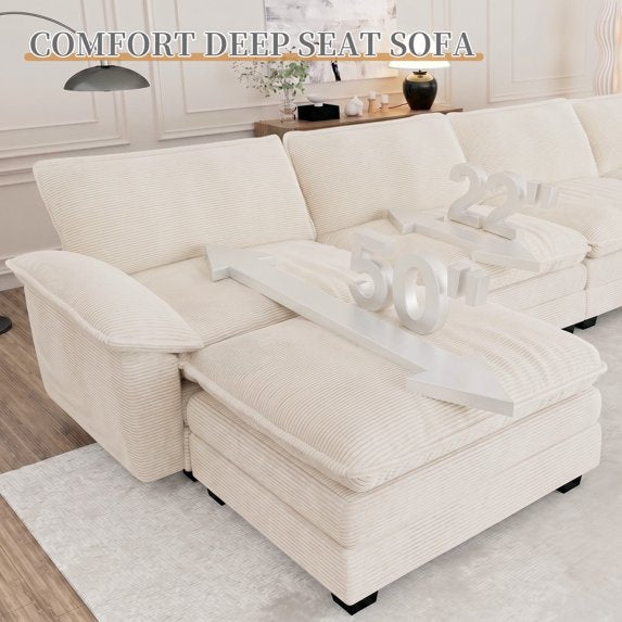 Muumblus Modular Sectional Cloud Sofa with 2 Ottoman, Oversized U-Shaped 3-seater Corduroy Couch for Living Room, Beige