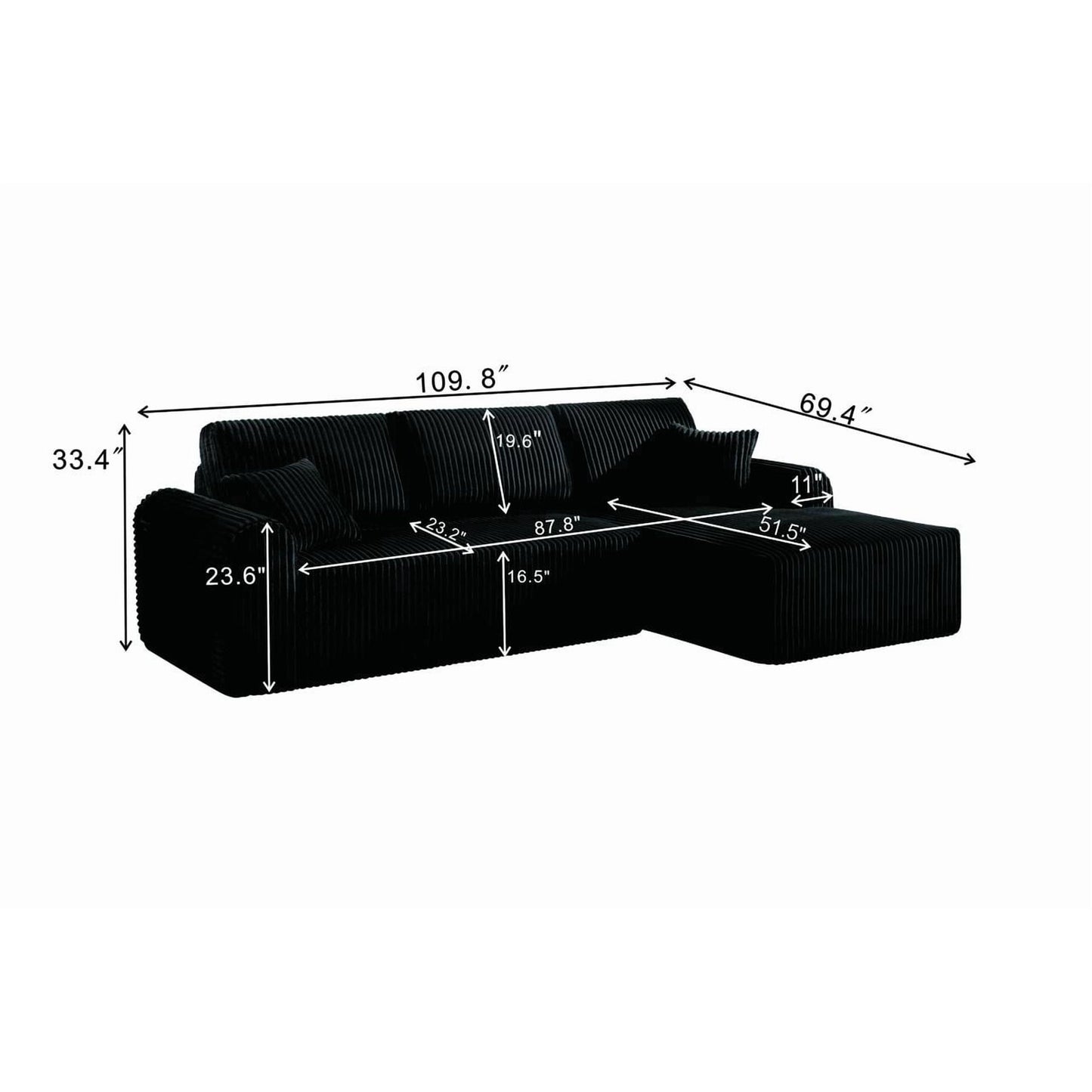 Muumblus 109" Oversized L-Shaped Modular Sectional Sofa with Movable Chaise, Boneless Corduroy Cloud Couch for Living Room, Black (Right Facing Chaise)