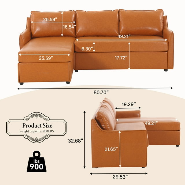 Muumblus 80.7" Modern Mid-Century Faux Leather Reversible Sectional L-Shaped Sofa for Living Room, Brown