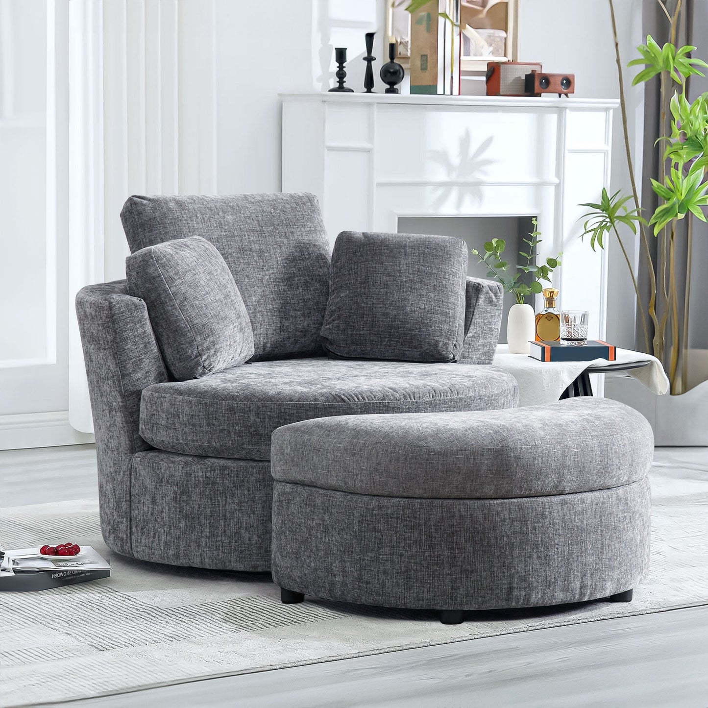 Muumblus Chenille Swivel Barrel Accent Chair with Storage Ottoman, Oversized Comfy Armchair for Living Room Bedroom