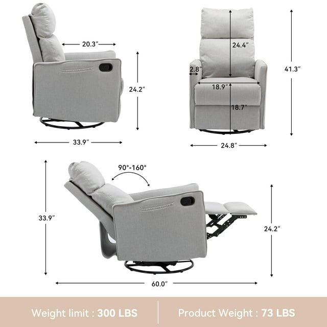 Muumblus Swivel Glider Rocker Recliner Chair for Nuresery, Tall Back Upholstered Home Theater for Living Room, Gray Linen