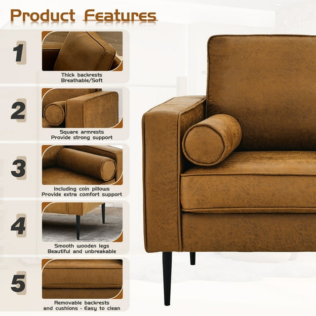 Muumblus Living Room Sectional Sofa with Chaise,3-Seater L Shaped Couch with Ottoman, Brown Faux Leather