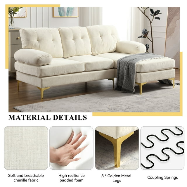 Muumblus L Shaped Sectional Sofa, 83" Chenille Fabric Upholstered Tufted Couch, 3 Seats Wide Chaise Lounge for Living Room, Beige