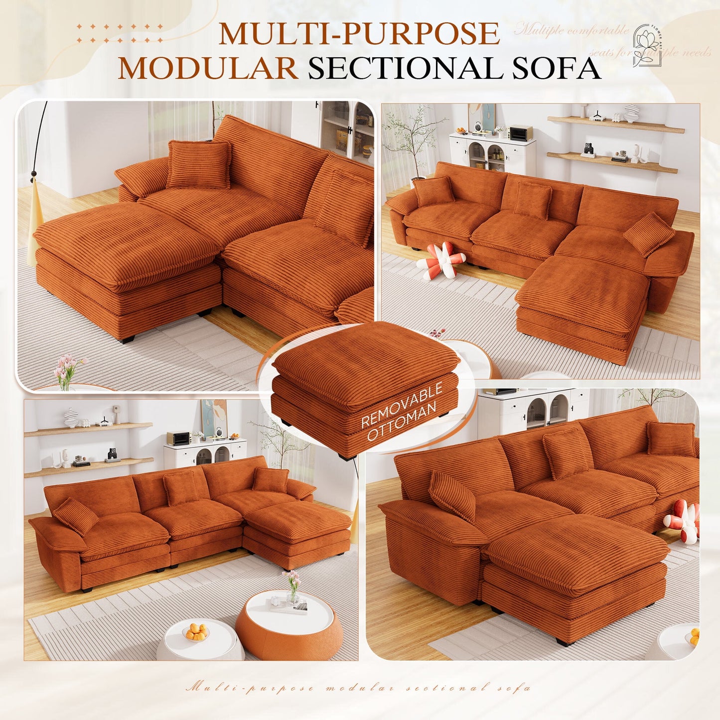 Muumblus Modular Sectional Cloud Couch with Ottoman, Oversized L-Shaped Corduroy Sofa for Living Room