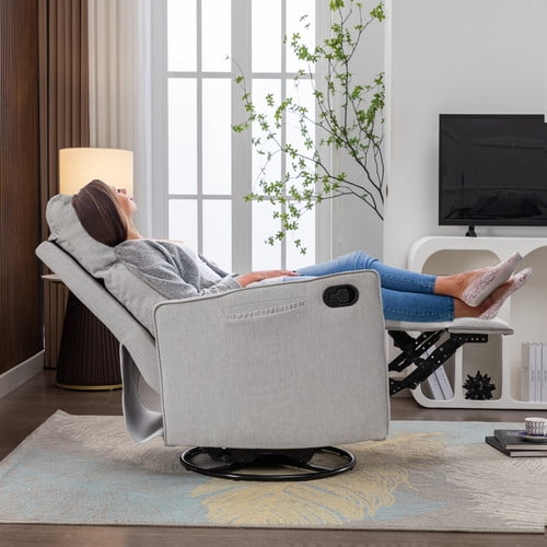 Muumblus Swivel Glider Rocker Recliner Chair for Nuresery, Tall Back Upholstered Home Theater for Living Room, Gray Linen