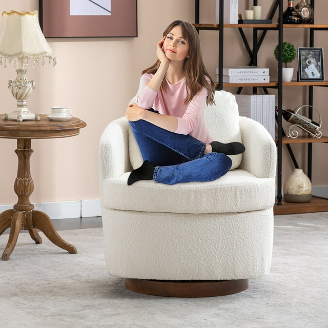 Muumblus Boucle Swivel Accent Barrel Chair, Living Room Leisure Comfy Armchair for Bedroom, Ivory