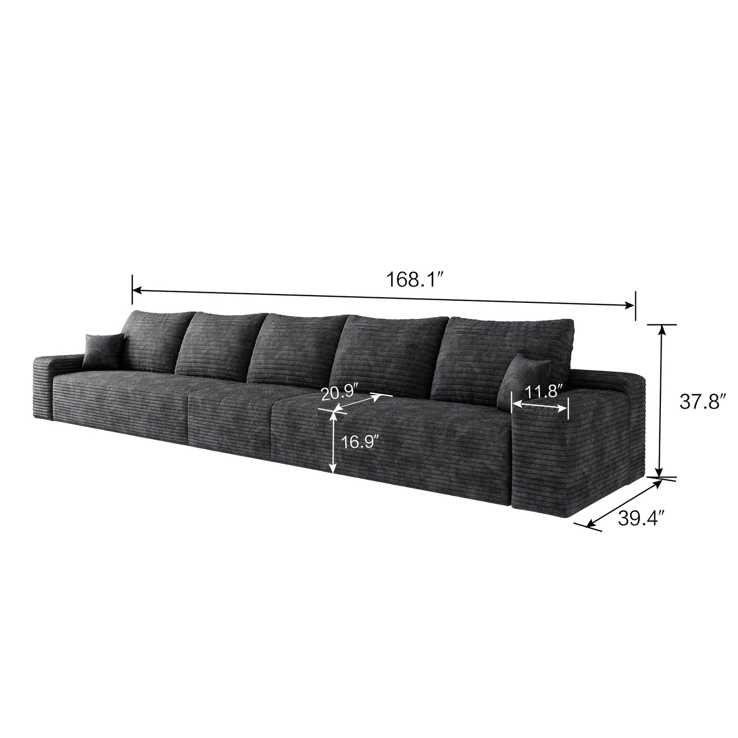 Muumblus 168" Cloud Sectional Sofa, Cozy 5-Seater Modular Sofa, Plush Corduroy Sleeper Bed Couch, No Assembly Required, Black