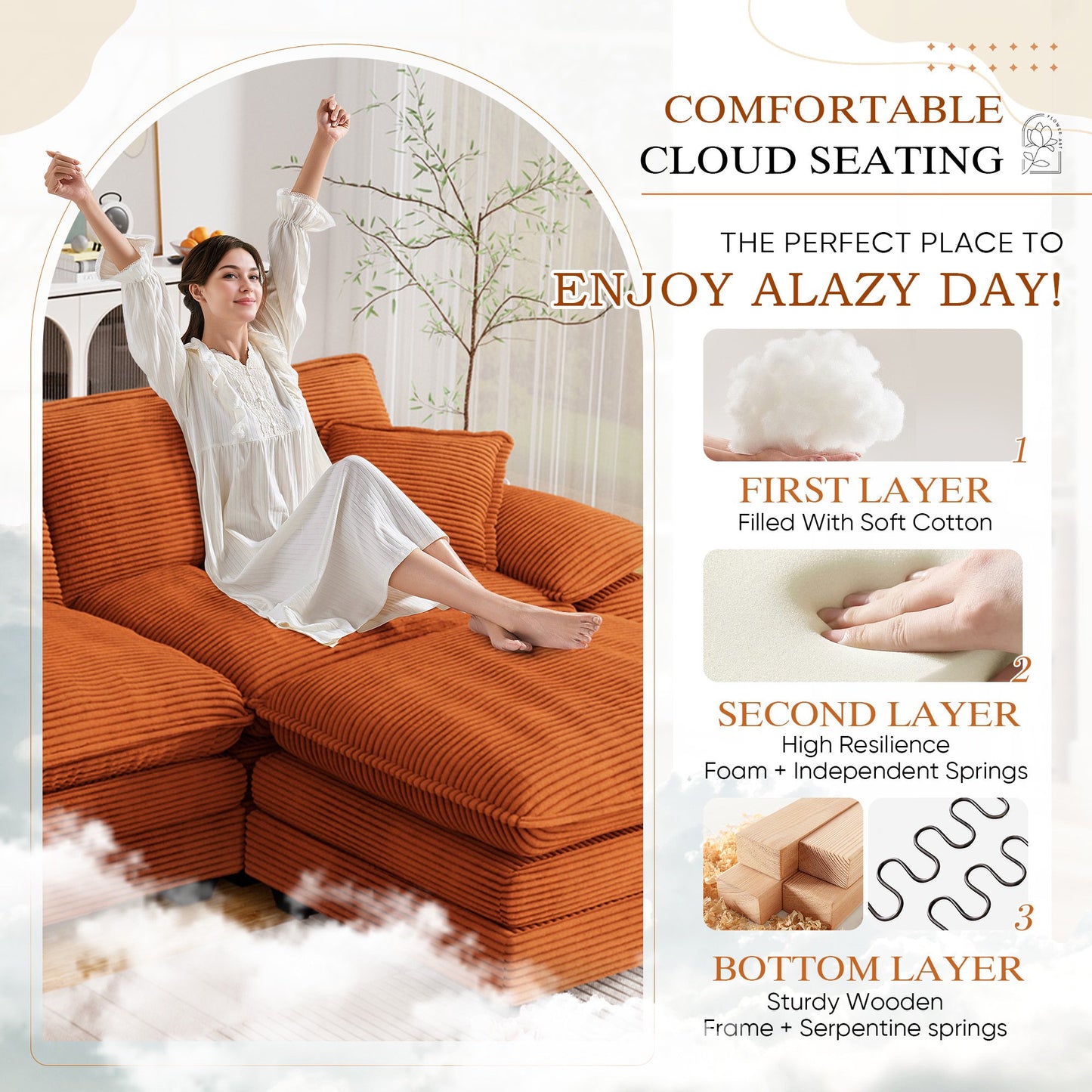 Muumblus Modular Sectional Cloud Couch with Ottoman, Oversized L-Shaped Corduroy Sofa for Living Room