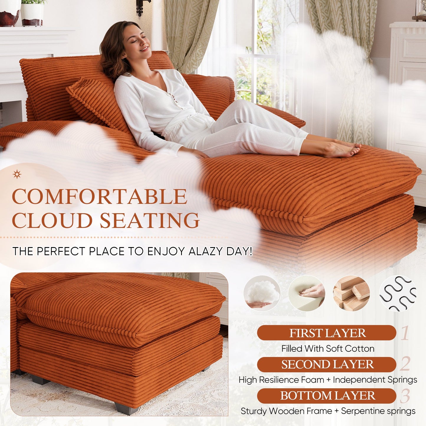Muumblus Oversized Accent Chair with Ottoman, 48" Indoor Chaise Lounge Cloud Sofa Reading Armchair for Modern Living Room, Bedroom