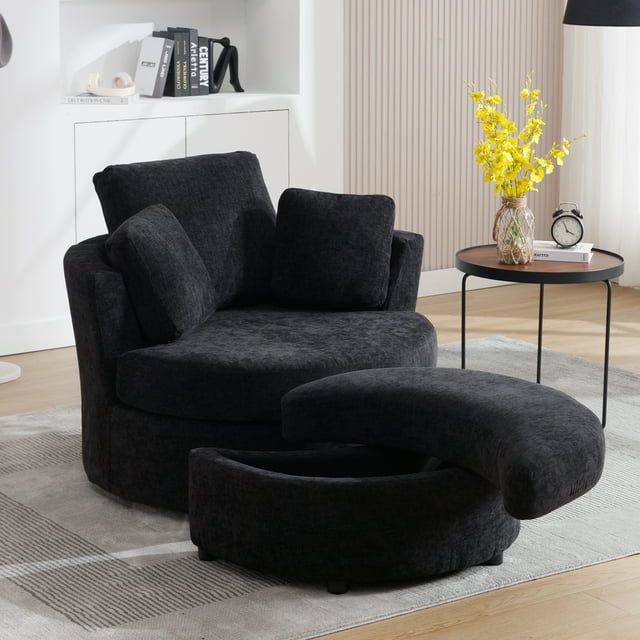 Muumblus Chenille Swivel Barrel Chair Accent Chair with Storage Ottoman, Oversized Comfy Armchair for Living Room Bedroom, Black