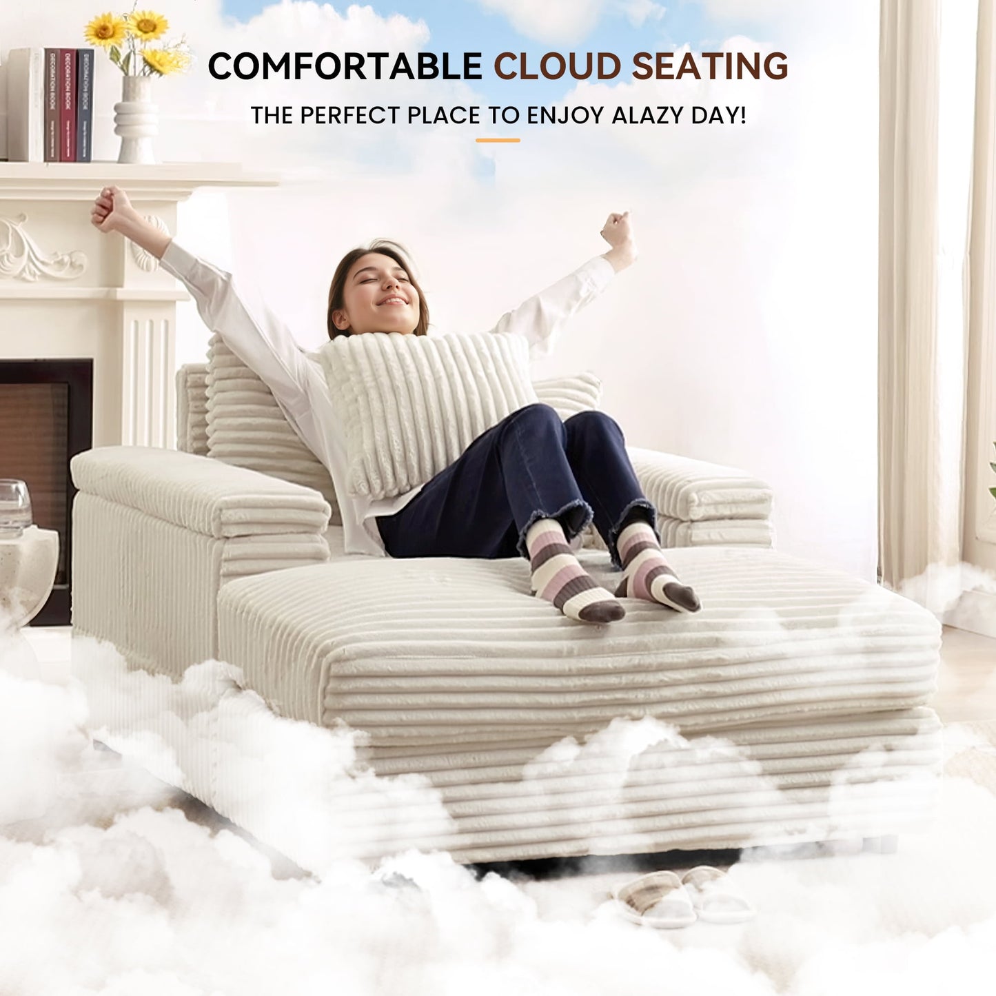 Muumblus Oversized Lounge Chair with Ottoman, Cloud Accent Reading Armchair for Living Room, White Chenille