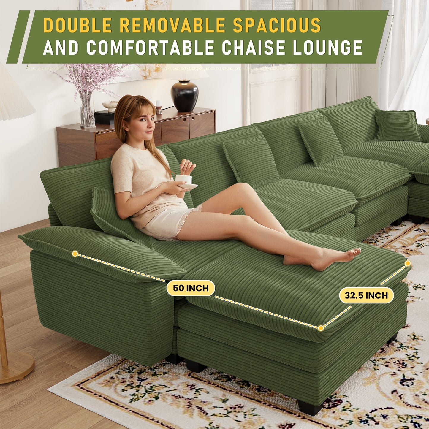 Muumblus Modular Sectional Cloud Couch with Ottoman, Oversized U-Shaped Corduroy Sofa for Living Room