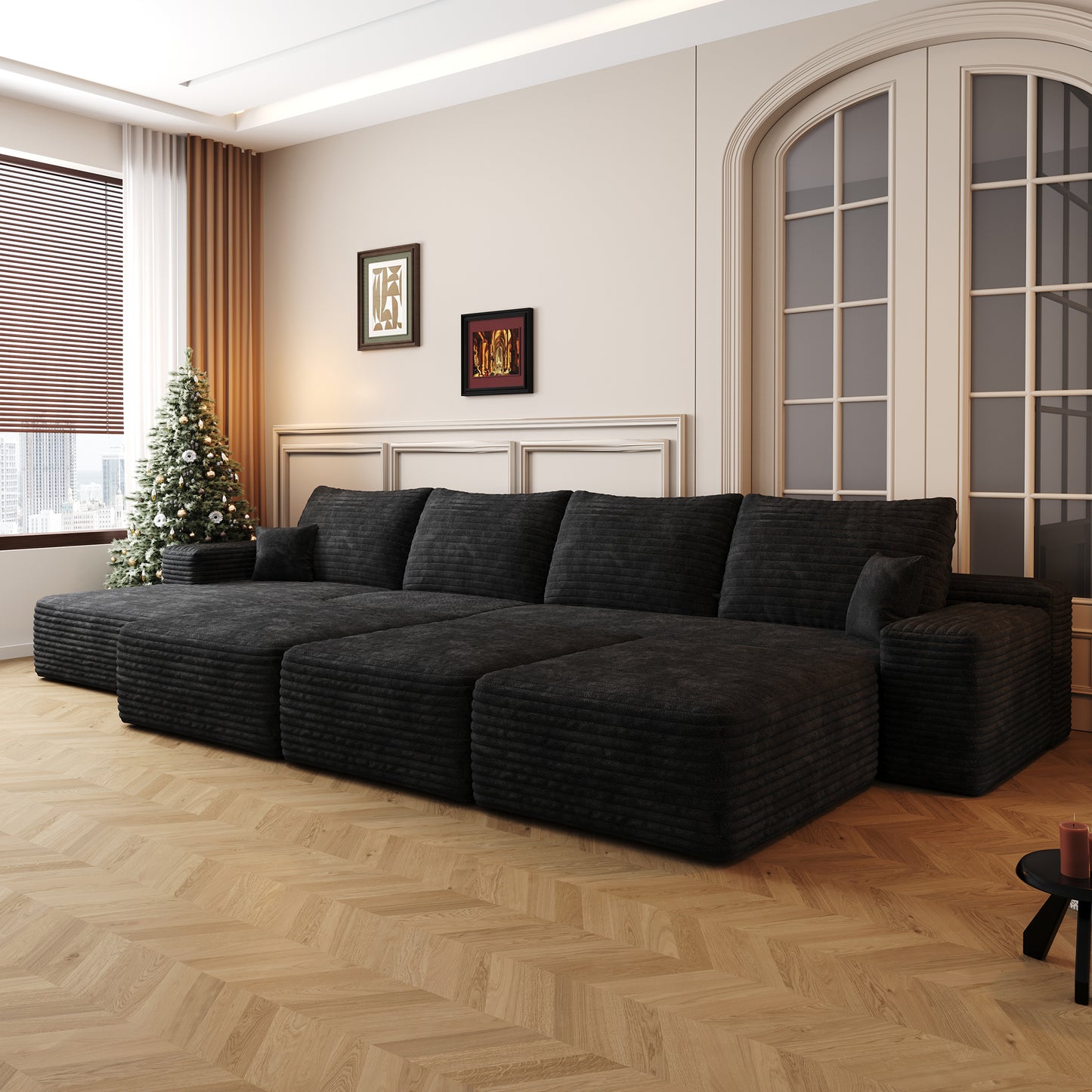 Muumblus 135" Cloud Sectional Sofa with Left Chaise, Oversized Cozy Modular Sofa with 3 Ottomans, Plush Corduroy Sleeper Bed Couch, No Assembly Required, Black