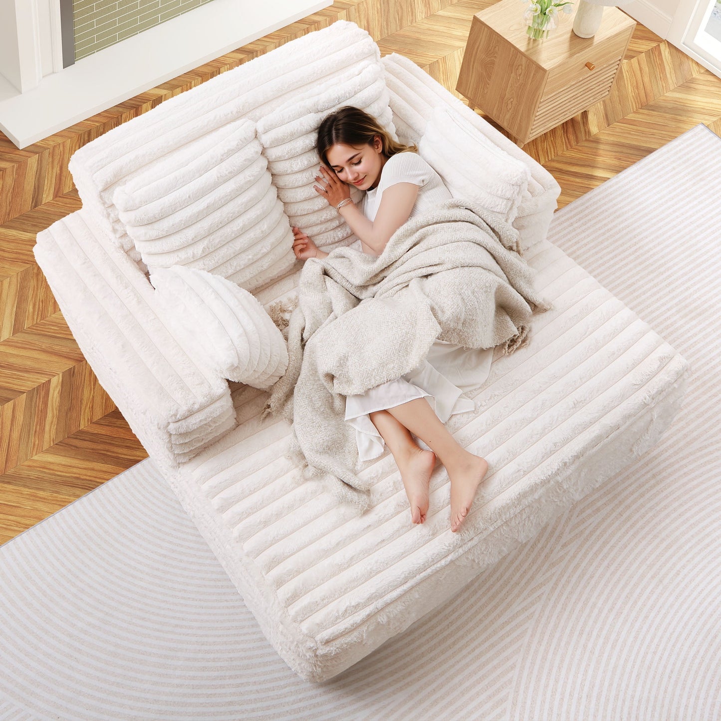 Muumblus Oversized Chaise Lounge Chair Indoor Furniture, No Assembly Required, Plush Corduroy Upholstered Sofa Bed Cozy Sleeper Couch for Living Room, Bedroom