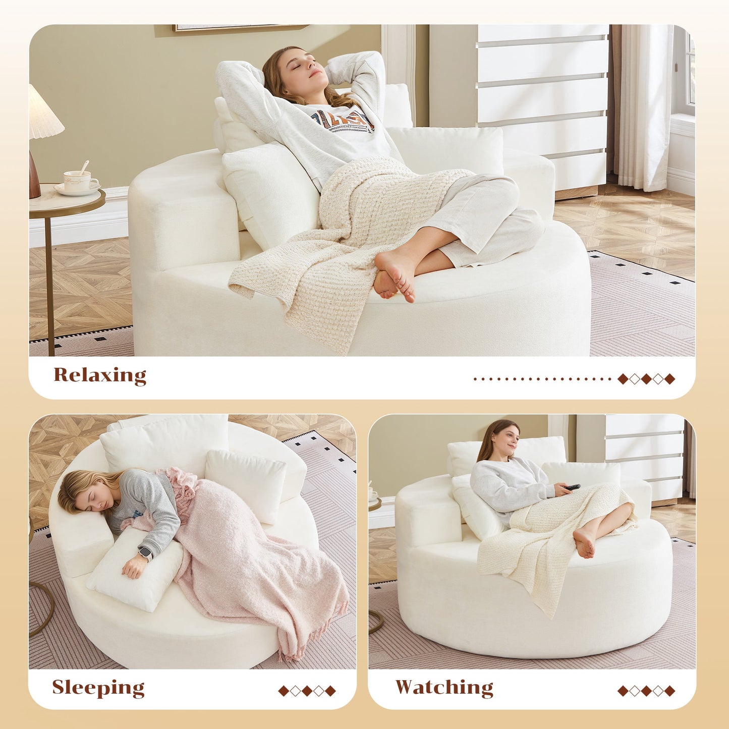 Muumblus Oversized Round Lounge Chaise Chair Indoor,Corduroy Boneless Cloud Couch with 3 Pillows, No Assembly Required, Modern Accent Chair for Living Room, Beige Chenille