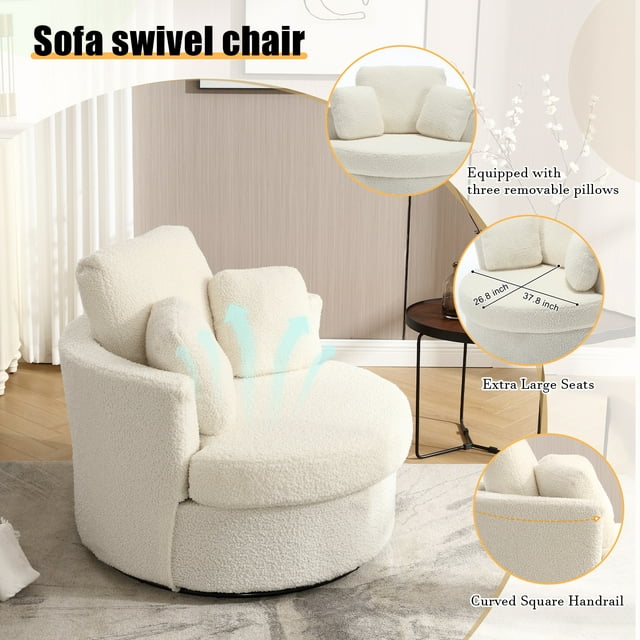 Muumblus Teddy Swivel Accent Chair Barrel Chair, Oversized Comfy Armchair with Pillows, Modern Leisure Sofa Chair for Living Room Bedroom, Ivory