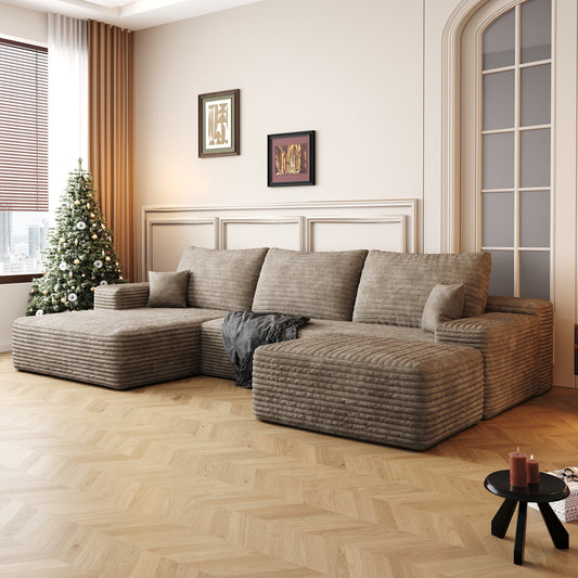 Muumblus 107" Cloud Sectional Sofa with Left Chaise, Cozy U-Shaped Modular Sofa with Ottoman, Plush Corduroy Sleeper Bed Couch, No Assembly Required, Black