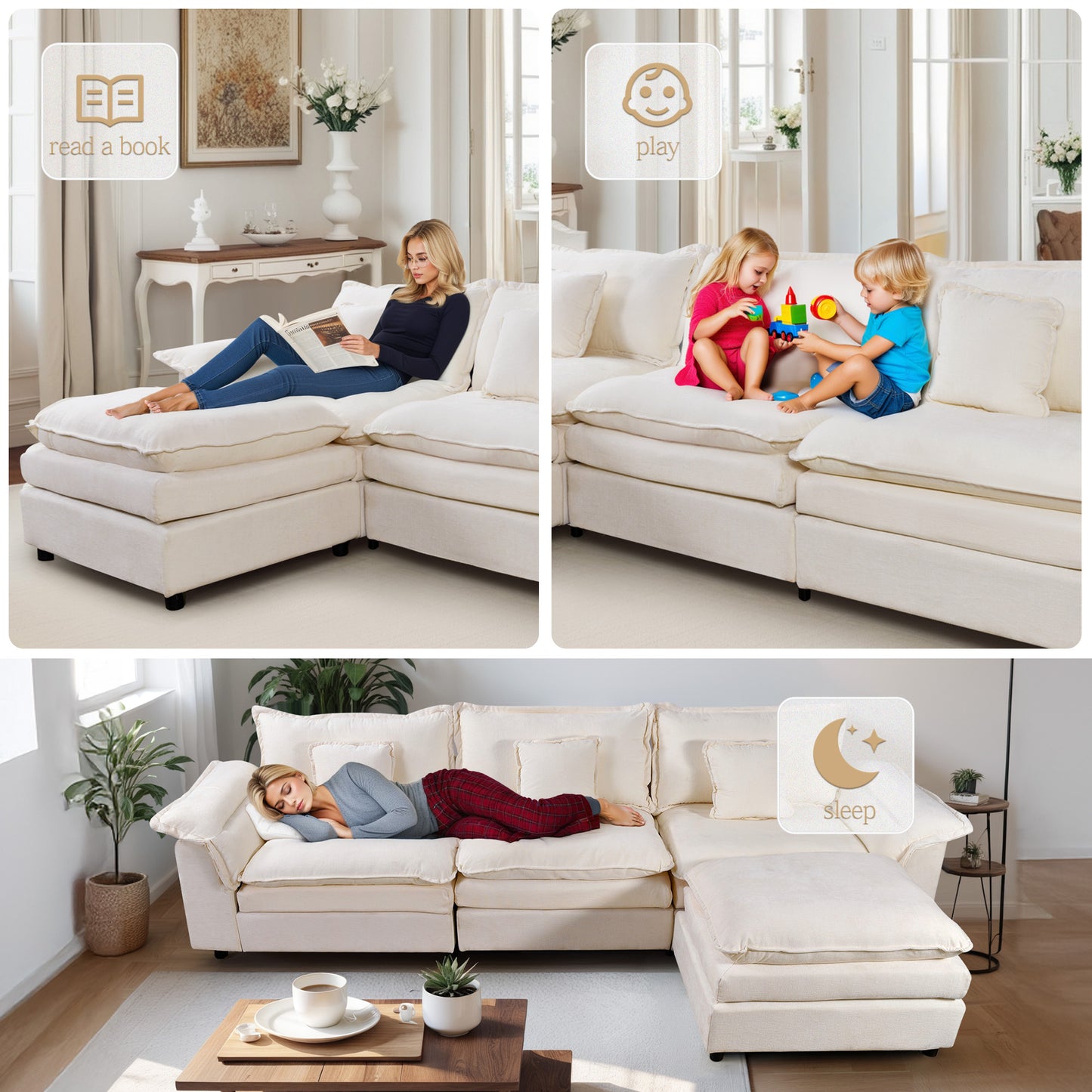 Muumblus Modular Sectional Sofa with Ottoman, Teddy Indoor Sleeper Furniture Set with Oversized Seats