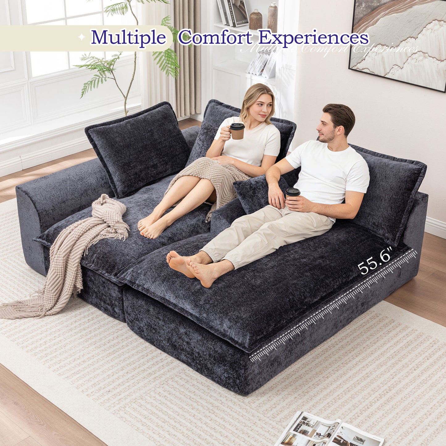 Muumblus 103" Boneless Sectional Sofa with Left Chaise, Comfy L-Shaped Modular Couch for Living Room, No Assembly Required, Black Chenille