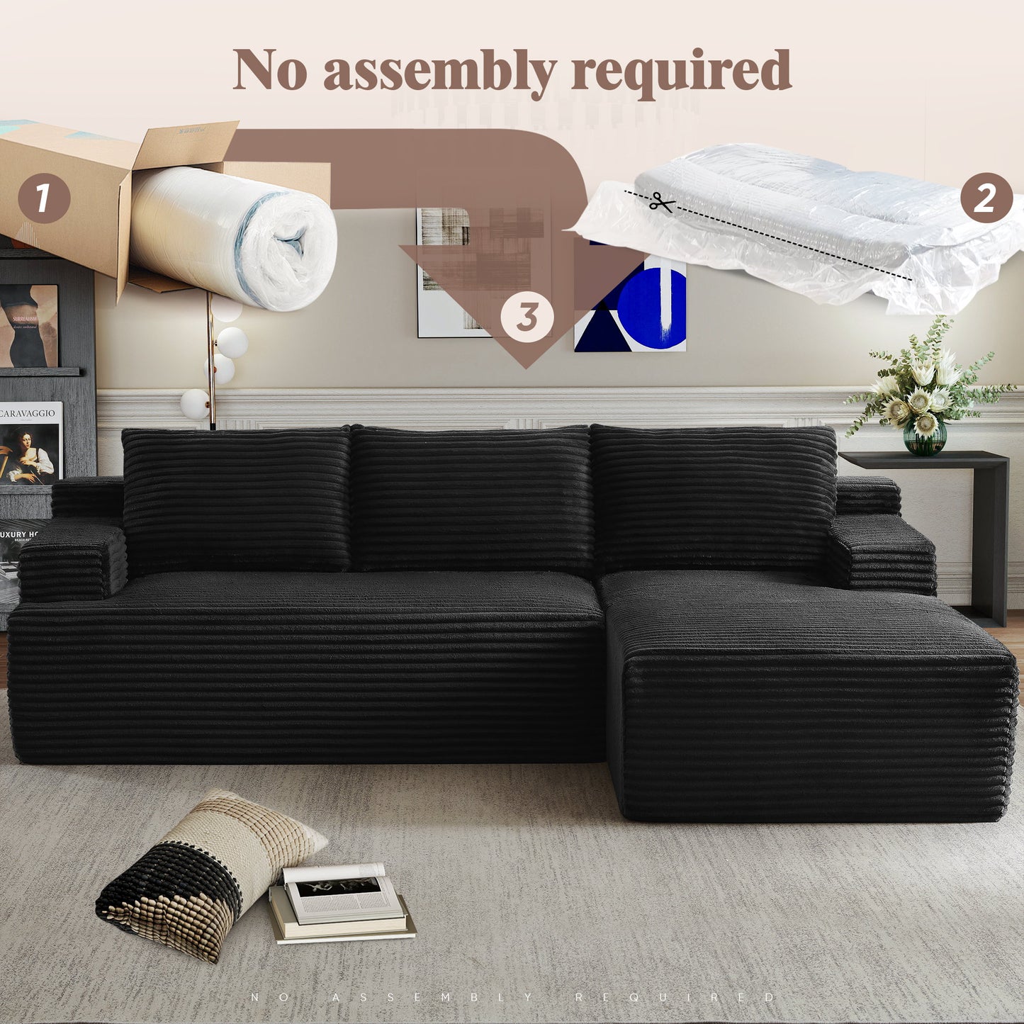 Muumblus L-Shaped Modular Sectional Sofa with Chaise, Boneless Deep Seat Cloud Couch, No Assembly Corduroy Sleeper Sofa for Living Room, Black（Right Facing Chaise）