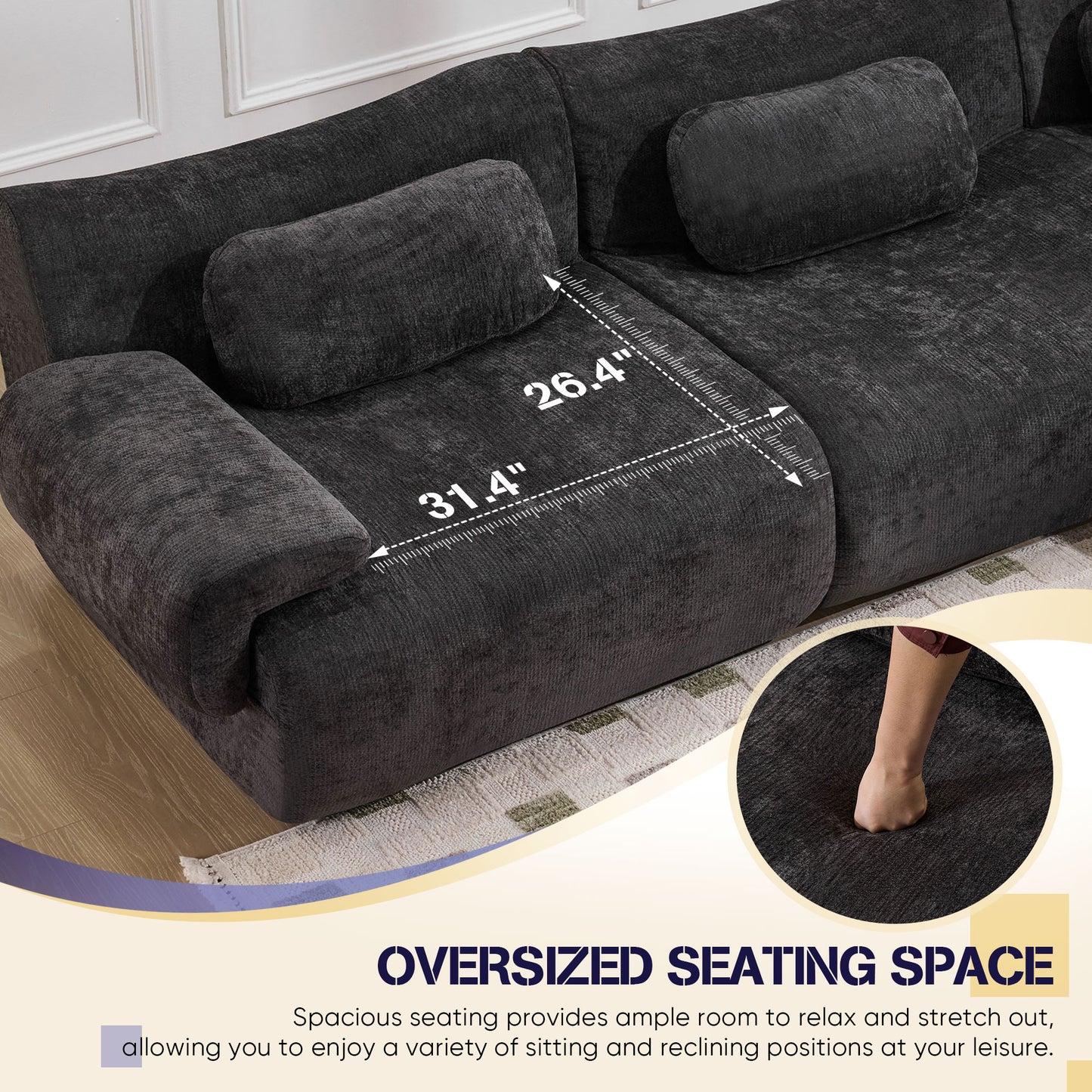Muumblus Modular Sectional Sofa with Movable Ottoman, Oversized L-Shaped Cloud Sofa with Chaise, Boneless Deep Seat Living Room Couch, Black Chenille