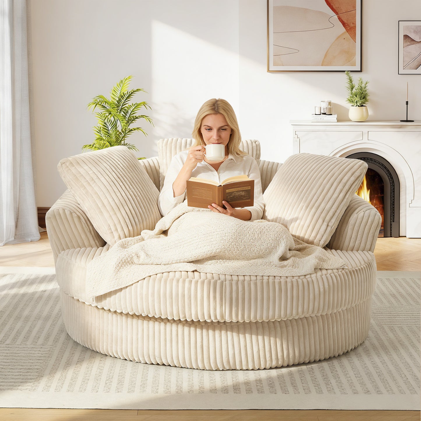 Muumblus 61" Oversized Round Boneless Lounge Chaise Chair Indoor, Corduroy Deep Seat Cloud Couch Sleeper Sofa Bed with 3 Pillows, No Assembly Barrel Chair for Living Room, Beige