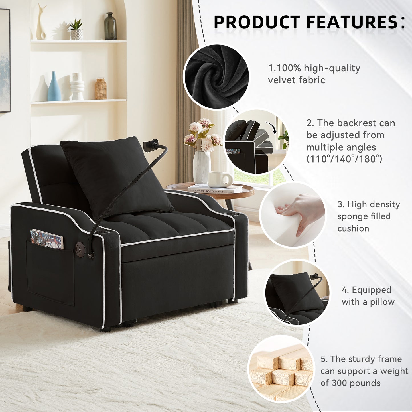 Muumblus Sleeper Sofa Chair Bed with Swivel Phone Stand, Cup Holders, 3-in-1 Convertible Pull Out Sofa Bed for Living Room, Black Velvet