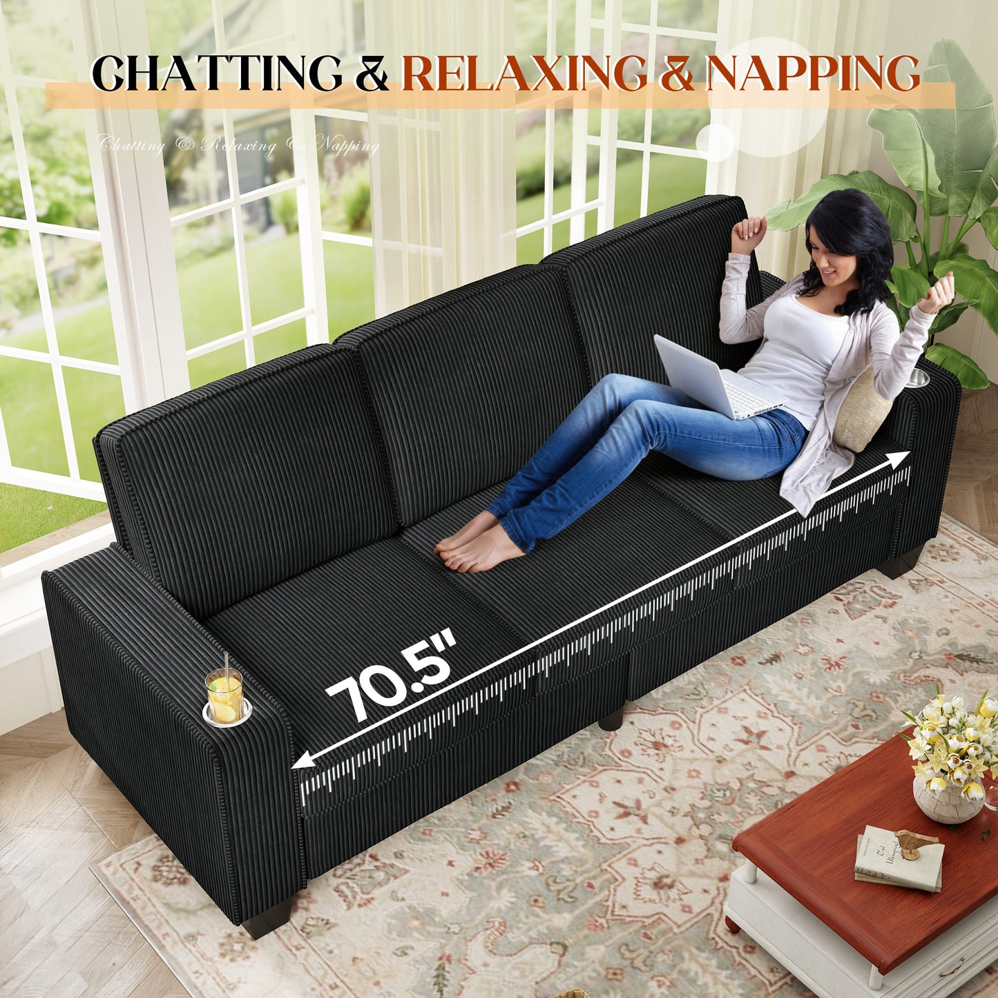 Muumblus 83.5" Living Room Sofa with Cup Holders, Cozy Plush Upholstered Couch, Corduroy Sofa 3-Seater, Black