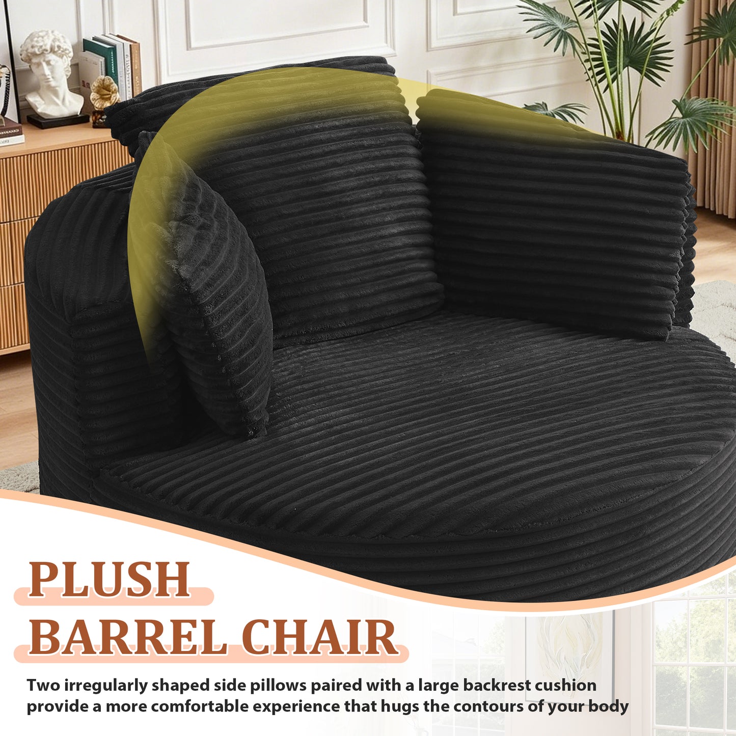 Muumblus 48.8" Oversized Accent Barrel Chair, Fluffy Round Lazy Sofa Chair for Adults, No Assembly Required, Black Corduroy