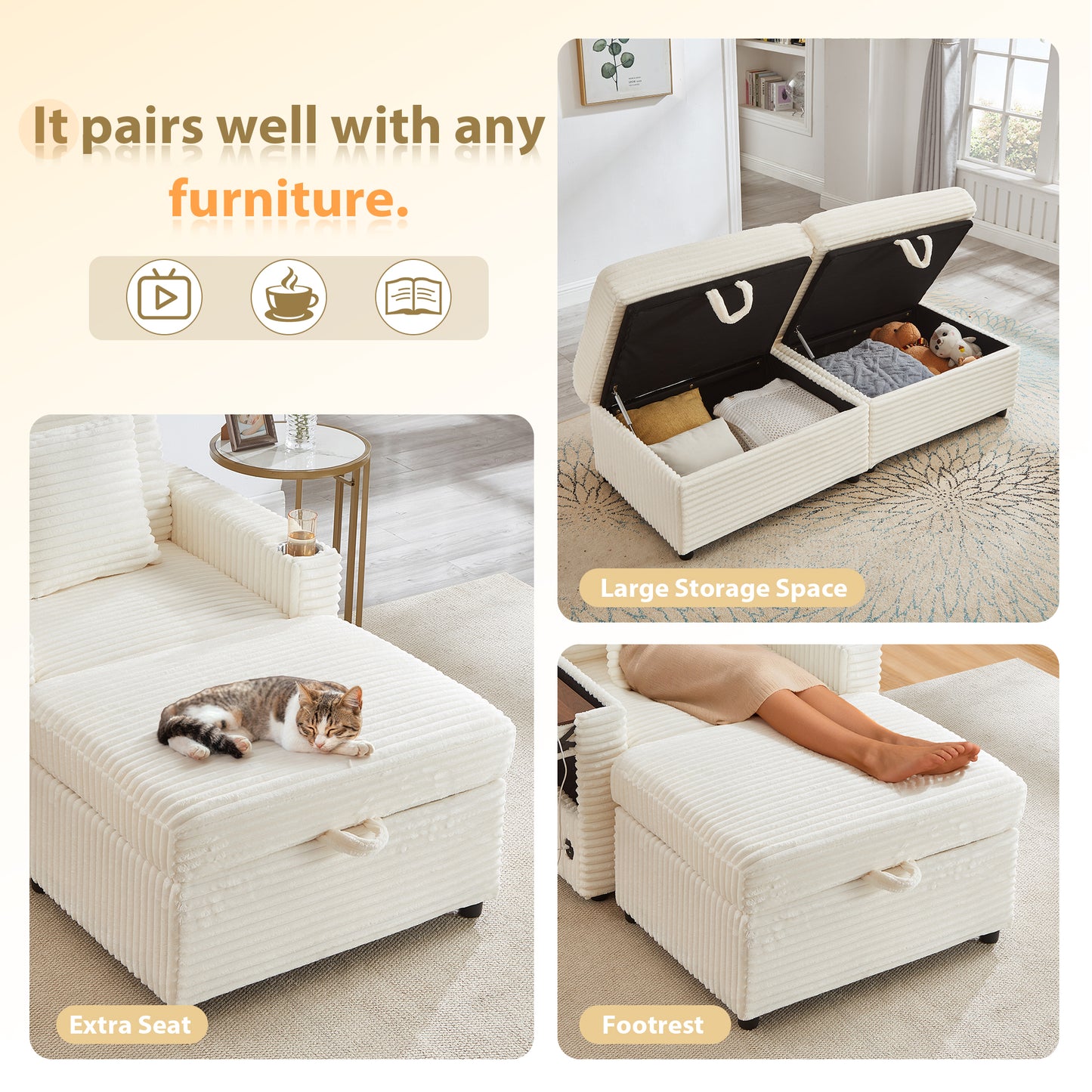 Muumblus Modular Sectional Sofa with 2 Storage Ottomans, 2 Side Tables & USB, Cozy Double Chaise Lounge Cloud Sofa, Plush Corduroy Sleeper Bed Couch for Living Room, White