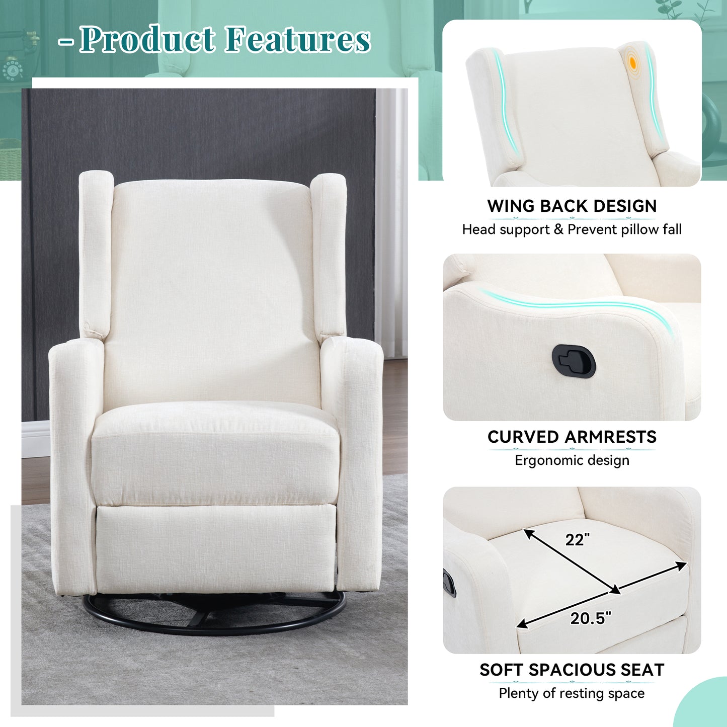 Muumblus Wingback Swivel Recliner, Glider Rocking Chair for Living Room, Nursery Rocker, Beige Chenille