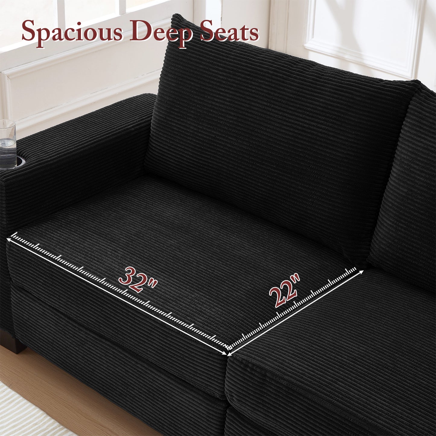 Muumblus 78"L Corduroy Sofa with USB & Cup Holders & Pockets, Deep Seat Living Room Upholstered Sofa, Black