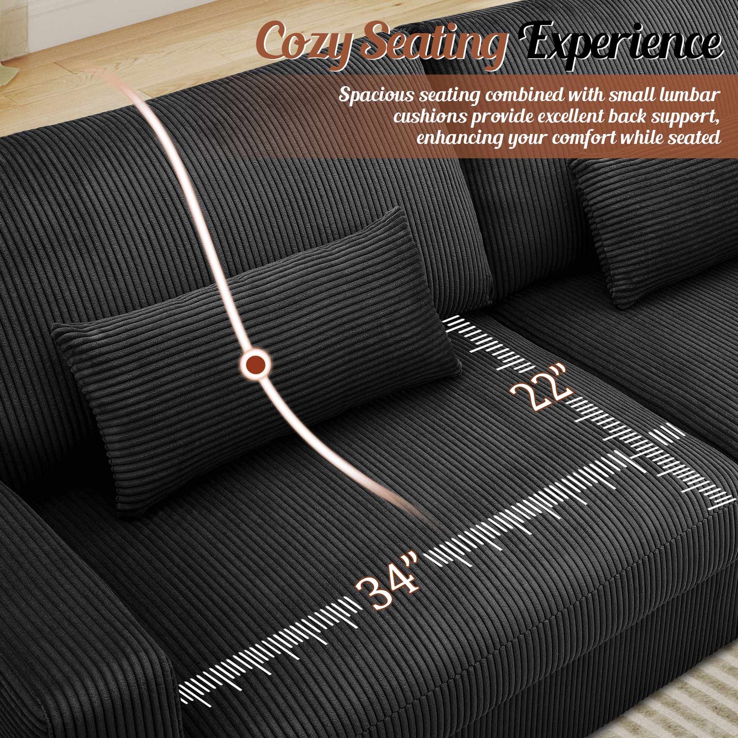 Muumblus 79" Living Room Sofa, Cozy Oversized Loveseat Sofa, Removable Covers, Black Corduroy