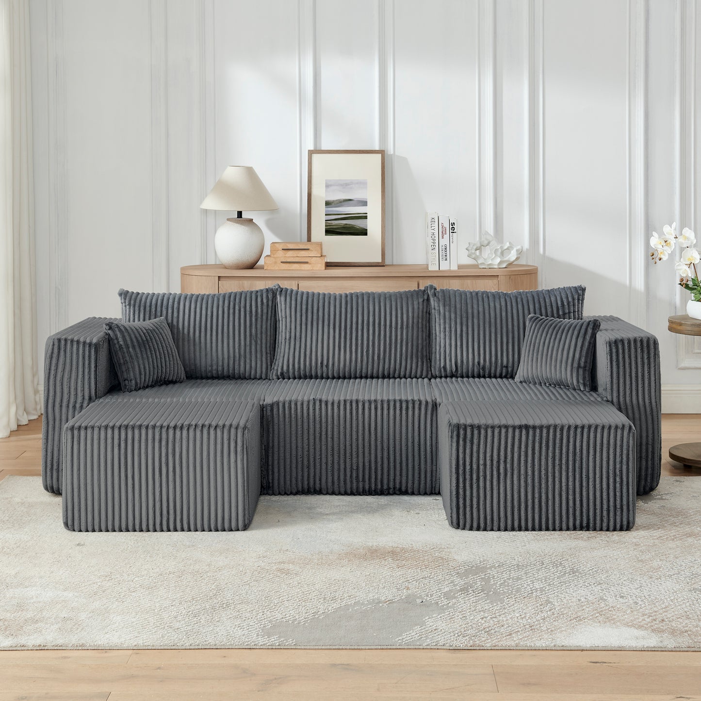 Muumblus U-Shaped Modular Sectional Sofa with 2 Movable Ottomans, Boneless Cloud Couch, No Assembly Sofa Set for Small Spaces, Living Room, Black Corduroy