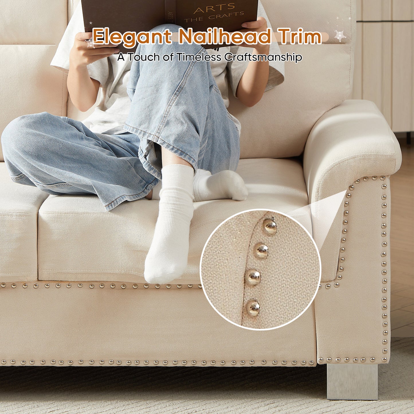 Muumblus 84" 3-Seater Sofa, Modern Deep Seat Nailhead Trim Couch with Curved Arms and Metal Legs for Living Room, Beige
